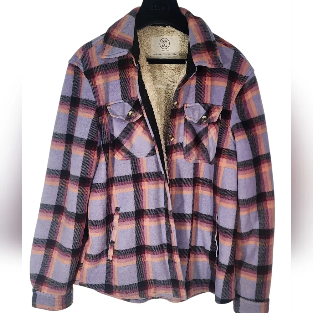 Sage Ladie's Plush Plaid Shirt Jacket In Purple. M - Picture 1 of 14